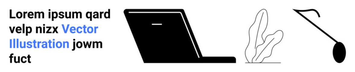 Laptop in side profile, abstract plant, and hanging lamp stylized in minimalist design. Ideal for technology, workspace, interior design, remote work, productivity, creativity simple landing page