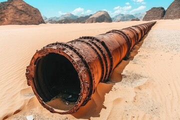 Rusty pipeline stretches across a sandy desert landscape under a clear blue sky.  Sections of the pipe are rusted and decaying.  Ancient, abandoned infrastructure