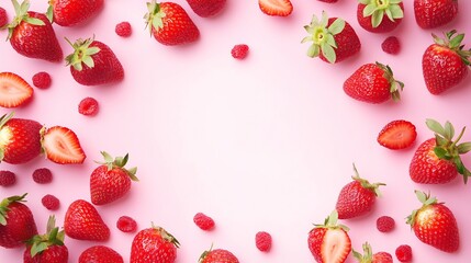 Strawberries and Raspberries on Pink Background