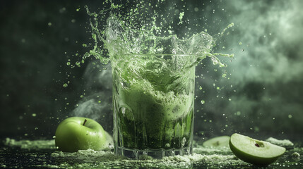 Green apple and slices are next to a glass filled with green liquid, creating a large splash on a dark, foggy background. Liquid droplets are suspended in the air around the glass.