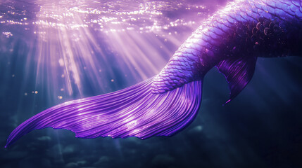 Purple mermaid tail submerged underwater with rays of light filtering through the water. The tail's scales and fins are illuminated, while the background remains dark and out of focus.