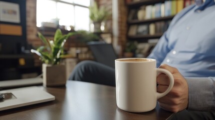 Man relaxing in office, holding large coffee mug.