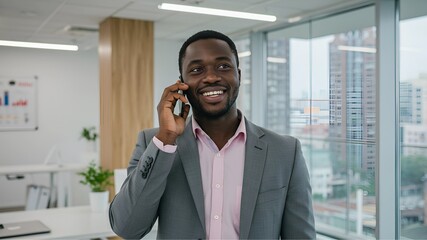 Friendly African salesperson making a call at the office