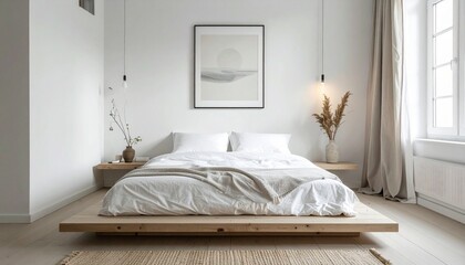 A bedroom with a low platform bed, white linens, and a single framed print on the wall – Minimalist Living

