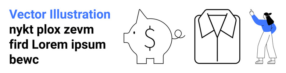 Woman snapping selfie, piggy bank with dollar, folded shirt conveying saving, budgeting, fashion, leisure, personal finance, minimalism tech lifestyle. Ideal for apps marketing presentations