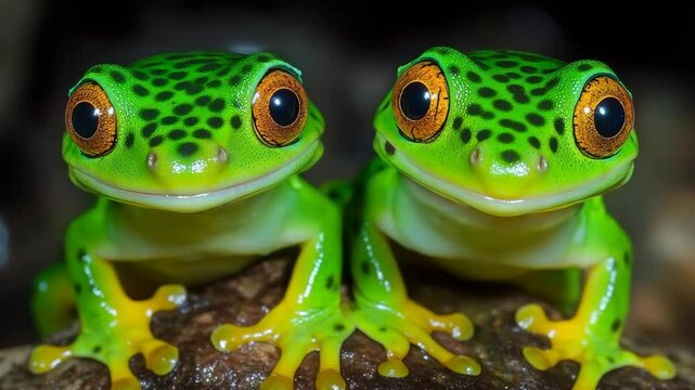 Two vibrant green tree frogs with black spots sit together on a brown branch, exhibiting big amber eyes and adorable facial expressions.