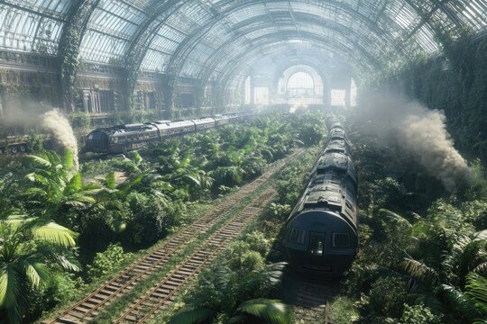 Abandoned train station overgrown with lush vegetation. Two trains stand on tracks within a large glass-domed structure. Sunlight streams through the dome, illuminating the scene - Powered by Adobe