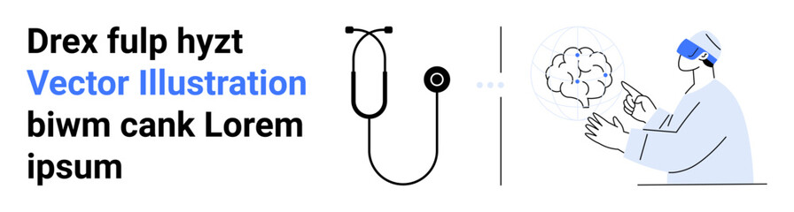 Doctor using virtual reality headset analyzing a graphic brain. Ideal for medical technology, neuroscience, innovation, healthcare, virtual reality, education, and a simple landing page