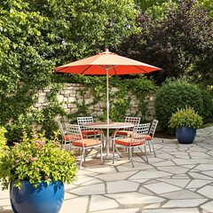 Obraz premium orange umbrella shades a metal patio furniture set in a vibrant setting