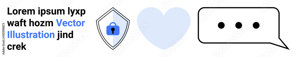 Poster shield with lock for security, heart symbolizing care, and speech bubble with dots for dialogue. ide