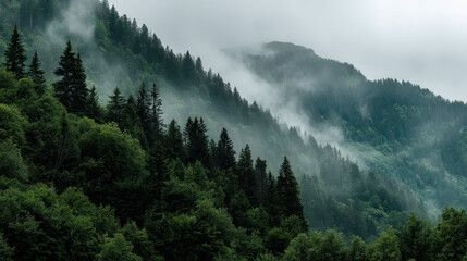 Misty mountain landscape showcases dense evergreen forests shrouded in atmospheric fog, creating a tranquil and scenic vista in the great outdoors of nature beauty.