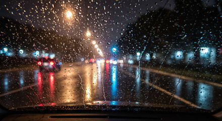 Driving in the Rain on a Wet Road with Car Lights and Reflections