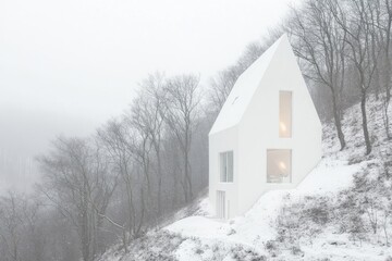 Minimalist white house nestled in snowy mountainside.  Surrounded by fog and trees, a small, modern home with prominent windows is visible