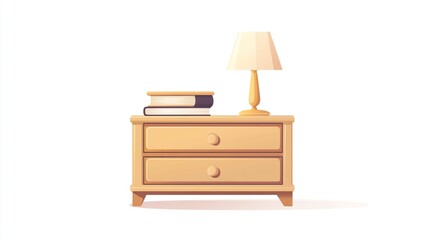 Wooden nightstand with lamp and books