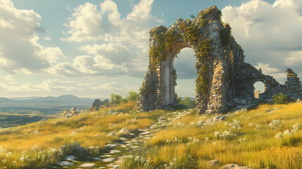 Hilltop ruin arches, sunny sky, grassy foreground, historical site, travel photography. [Corroded Realms] | Weathered Thrones | historic ruin. Illustration