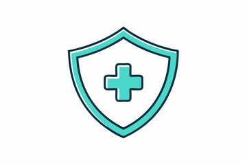Obraz premium Medical Shield Icon: A teal medical shield icon featuring a cross symbol at its center, symbolizing protection and healthcare. This clean and simple design is ideal for medical websites, brochures.