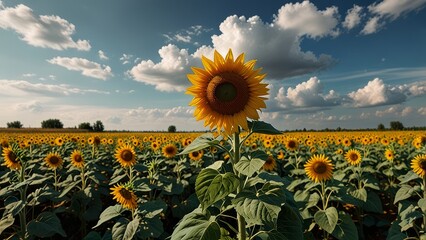 Golden Sunflower Field Under Dramatic Cloudy Sky – Stunning Nature Landscape