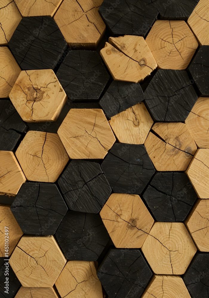 Poster intriguing geometric arrangement of charred and natural wood hexagons creating a visually striking p