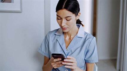 Healthcare professional wearing blue medical scrubs texting on smartphone while walking hospital hallway, connecting digital communication with patient service environment