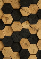 Intriguing geometric arrangement of charred and natural wood hexagons creating a visually striking pattern, rich textures and subtle contrasts, artistic expression