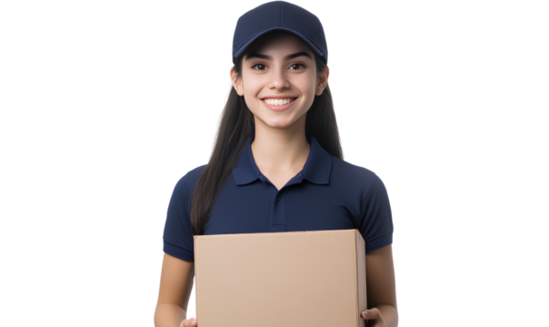  A smiling young female delivery person in a blue uniform, holding a cardboard box, isolated on a transparent background.