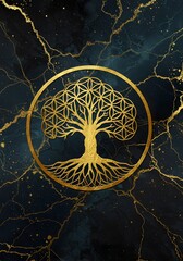 Golden Arboreal Symbolism: An intricate tree of life design against a dark, veined backdrop evoking concepts of growth, connection, and spiritual depth