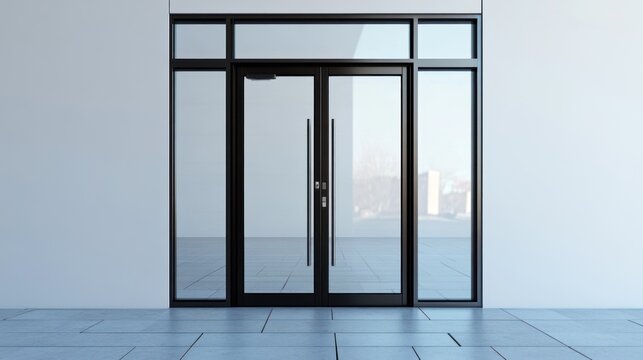 Modern glass double doors in black frame against white wall.