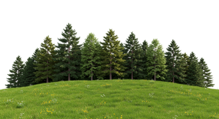 Pine Trees on Green Hill Isolated Forest Landscape Nature Background