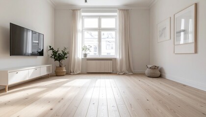 A Scandinavian-style room with pale wood floors, soft textiles, and empty space – Minimalist Living

