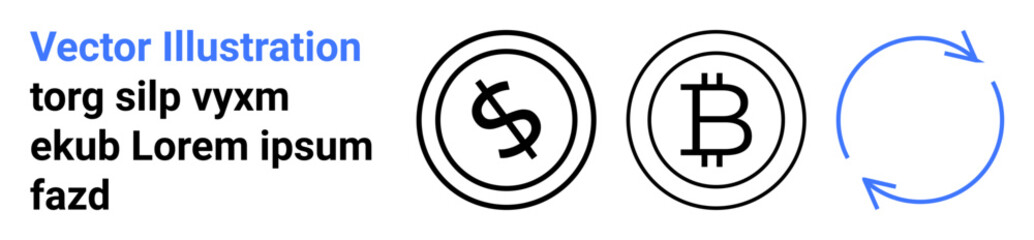 Obraz premium Dollar and Bitcoin symbols inside circles next to a blue circular arrow. Ideal for finance, cryptocurrency, trading, money transfer, blockchain, fintech, investment, abstract line flat metaphor