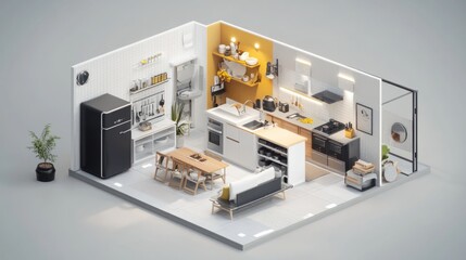 Isometric view of a modern, minimalist kitchen and living room with wooden and white furniture, open shelving, and yellow accents.