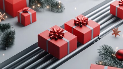 Red gifts moving on conveyor belt with Christmas decorations.