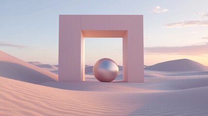 Minimalist desert scene with metallic sphere in pastel pink frame.