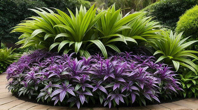 Vibrant purple and green leaves of Tradescantia spathacea create a striking visual in lush garden settings, showcasing botanical beauty and texture.