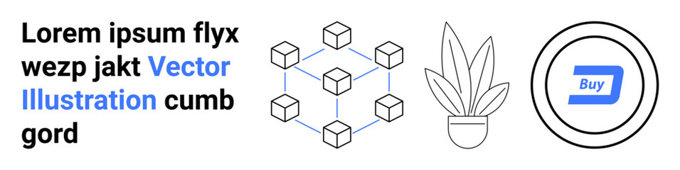 Obraz premium Abstract cube network, potted plant, and Buy payment button signifiers. Ideal for technology, blockchain, e-commerce, fintech, eco-friendly themes innovation sustainable design. Perfect for flat
