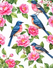 garden birds and pink camellia flowers, spring bird collection on floral background watercolor seamless pattern