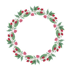 Watercolor illustration of a raspberry wreath with green leaves and ripe berries. Hand-painted clipart for event invitations, greeting cards, and packaging design. Cutout on white. 