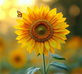 Obraz premium Golden sunflower in full bloom with a butterfly, impressionistic style. Ideal for autumn designs, cheerful greetings, and dreamy backgrounds. Copy space available.