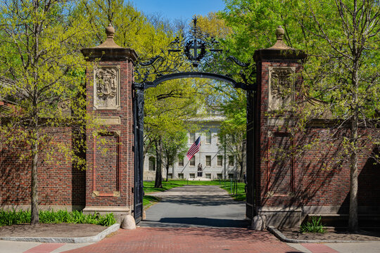 Cambridge, MA, USA - May 1, 2025: Entrance gate to the campus of this private Ivy League research university.