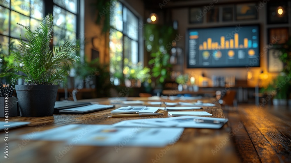 Poster modern office workspace with plants and data analytics display