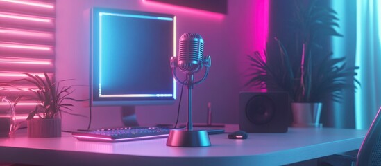 Retro microphone on desk with computer, plants, and neon lights.