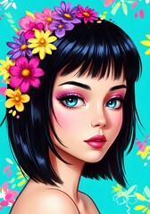 Enchanting girl illustration with floral crown and striking blue eyes on a vibrant background radiates ethereal beauty and youthful exuberance