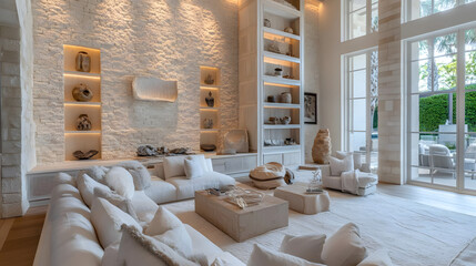 Serene Living Room: Stone Walls, White Decor