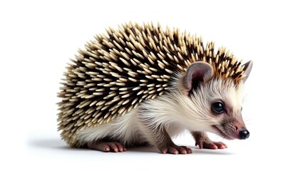 Obraz premium Small hedgehog, curled in a ball, isolated on pure white background, prickly, detail