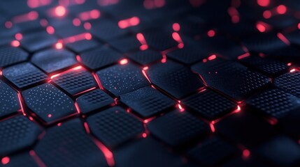 Fototapeta premium Abstract dark hexagon grid with red glowing lights.