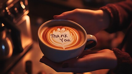 Warm hands hold a coffee cup with a thank you message.