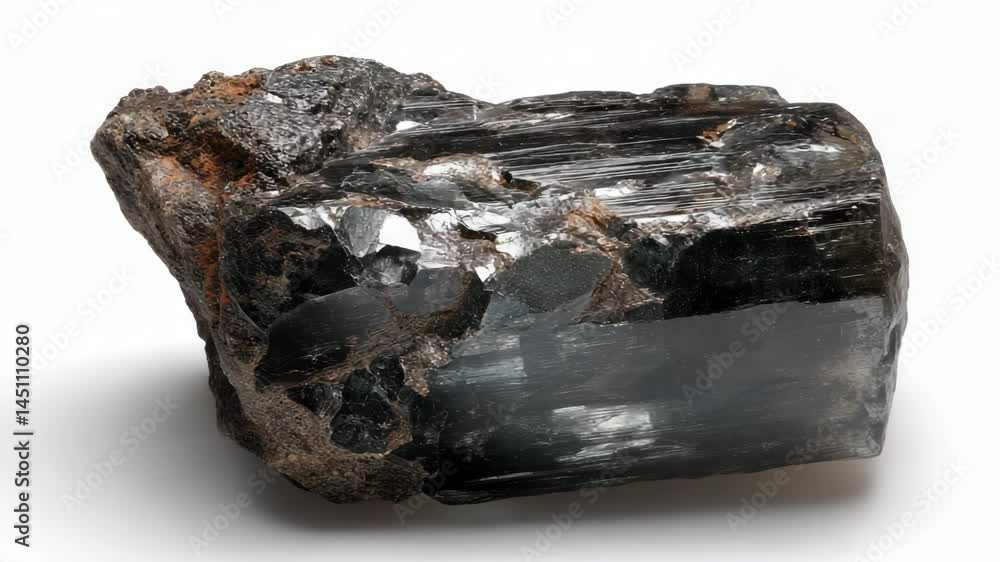 Poster specular black tourmaline crystal formation with striated patterns and earthy inclusions displayed o