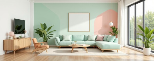 Modern Living Room Interior with Pastel Colors