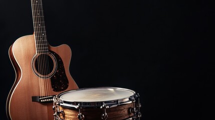 Naklejka premium Acoustic guitar and snare drum on black background. (2)