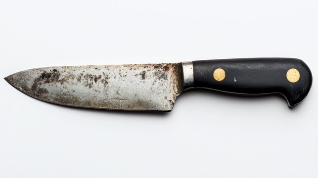 Rusty vintage chef's knife with black handle isolated on white background.
